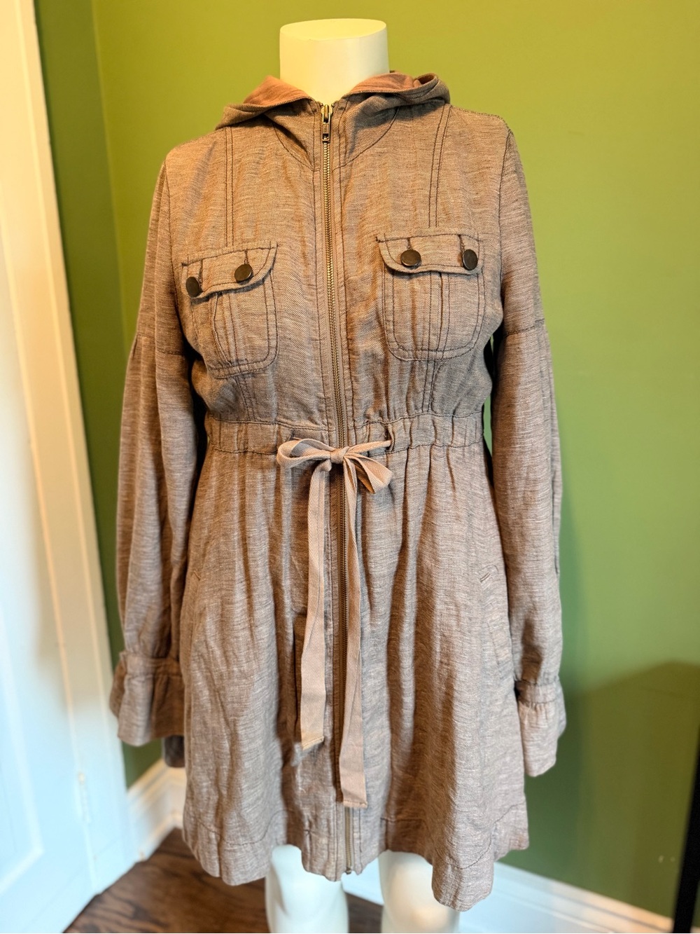 Free People Yarn Dye Circle Skirt Jacket Light Brown Hooded Drawstring  size 8